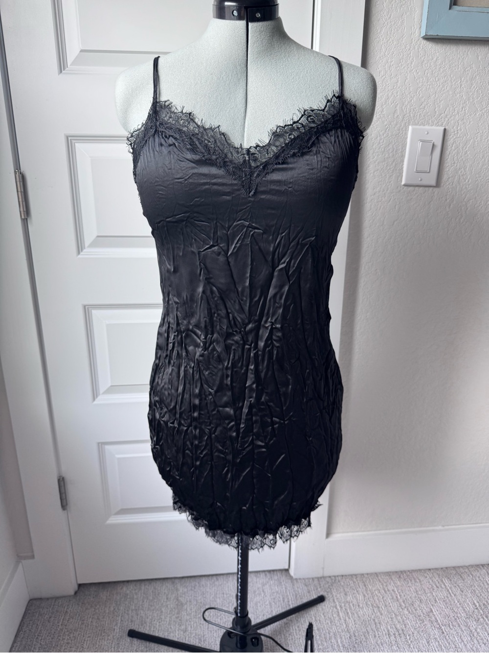 Topshop Black Lace-Trim Satin Slip Dress